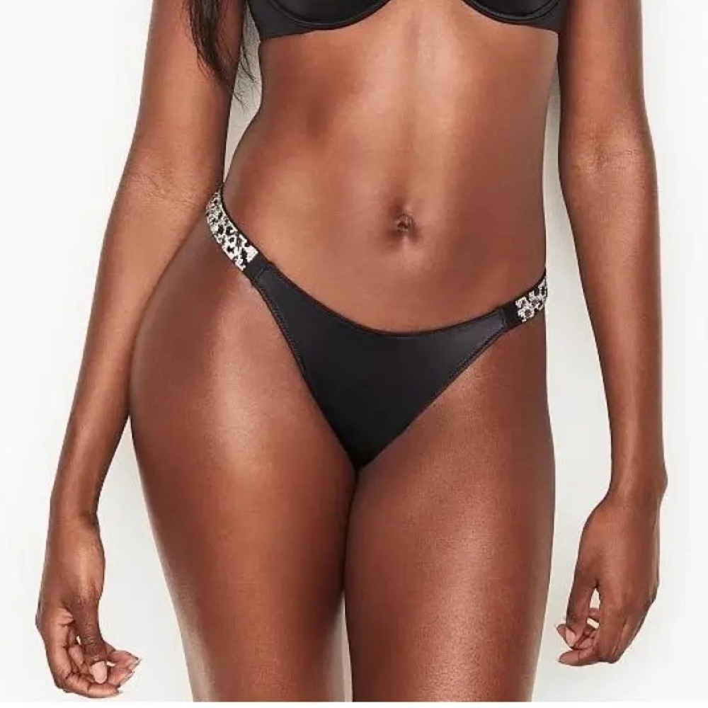 Victoria's Secret Black Brazilian Brief Panty w Leopard Rhinestones, Small, NWT